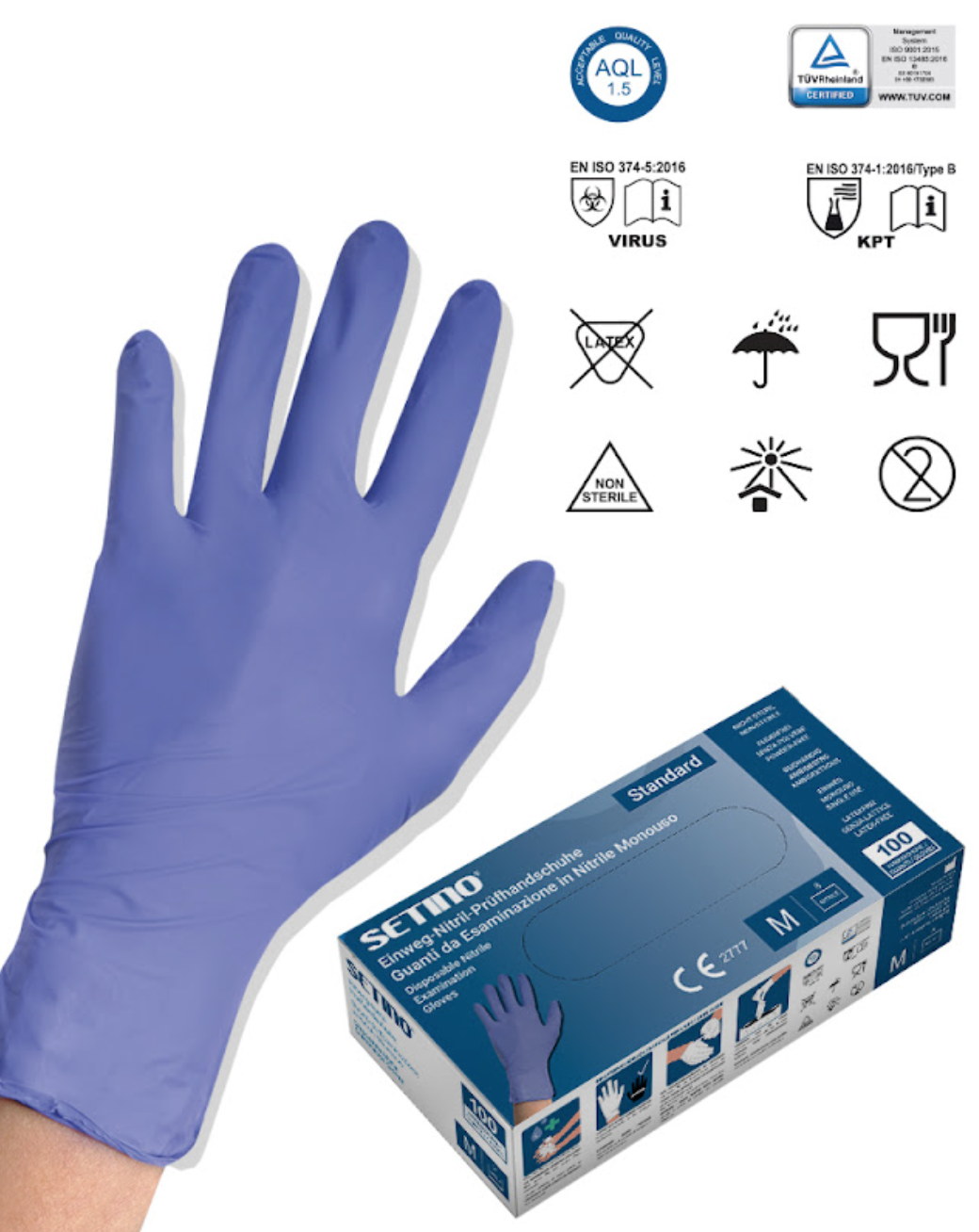 SETINO Jednorázové nitrilové vyšetřovací rukavice fialová 100 ks XS